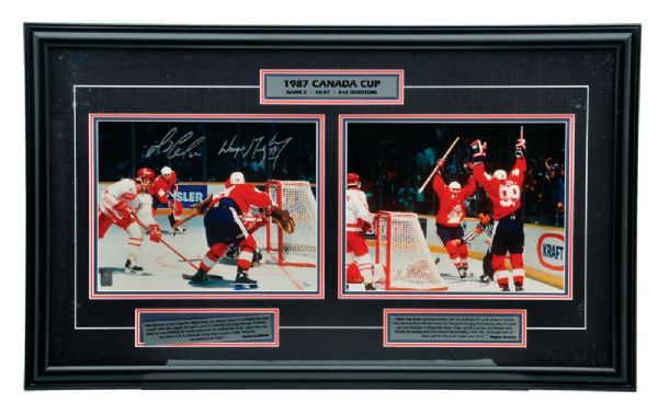 Wayne Gretzky and Mario Lemieux Dual-Signed 1987 Canada Cup Limited-Edition Framed Display #1/199 with WGA COA (22 1/2" x 38")