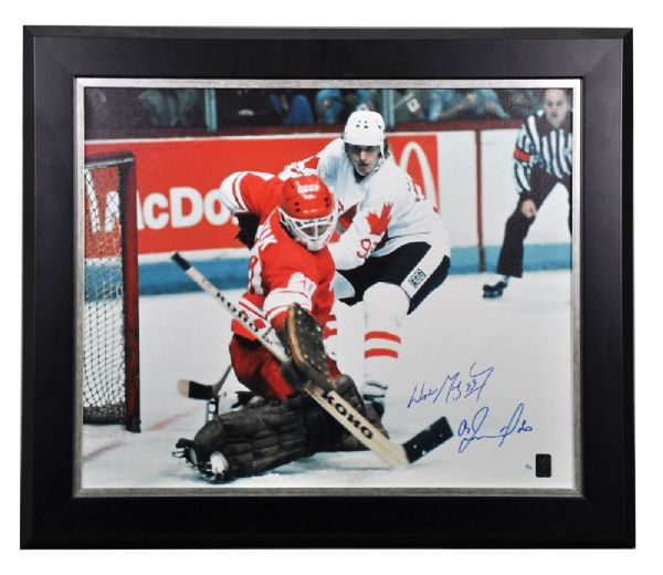 Wayne Gretzky and Vladislav Tretiak Dual-Signed 1981 Canada Cup Limited-Edition Framed Print on Canvas #1/50 with WGA COA (25 1/4" x 29 1/2")