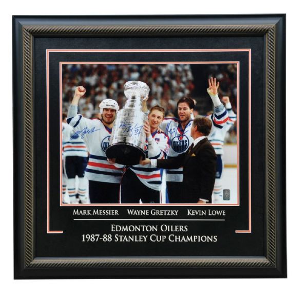 Wayne Gretzky, Mark Messier and Kevin Lowe Triple-Signed "1988 Stanley Cup" <br>Limited-Edition Framed Photo #1/99 with WGA COA (29 1/2" x 30 1/2")