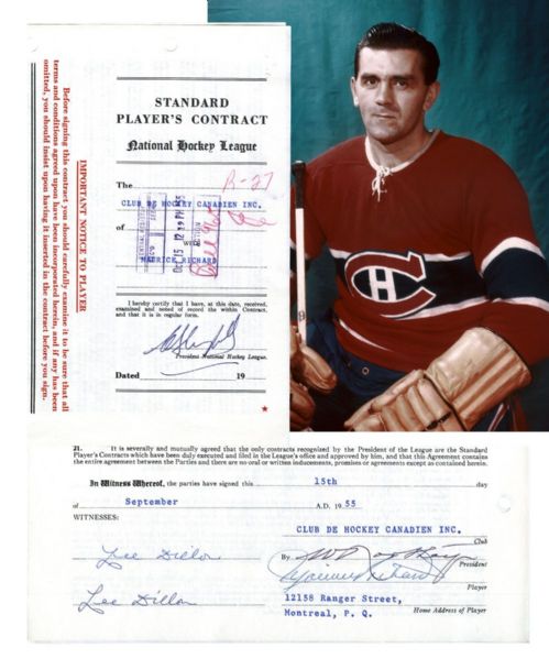Maurice Richards 1955-56 Montreal Canadiens NHL Contract Signed by Richard, Northey and Campbell