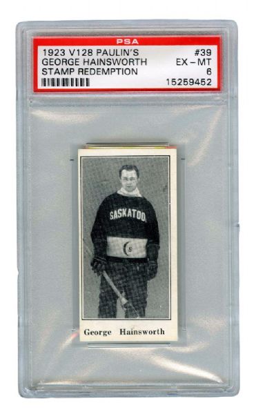1923-24 Paulins Candy V128 Hockey Card #39 HOFer George Hainsworth RC (Stamp) <br>- Graded PSA 6 - Highest Graded!