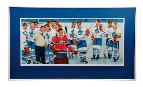 Original Painting of Bill Barilko and Maple Leafs Celebrating 1951 Overtime Cup-Winner by Carleton "Mac" McDiarmid (17 3/4” x 30 1/2”)