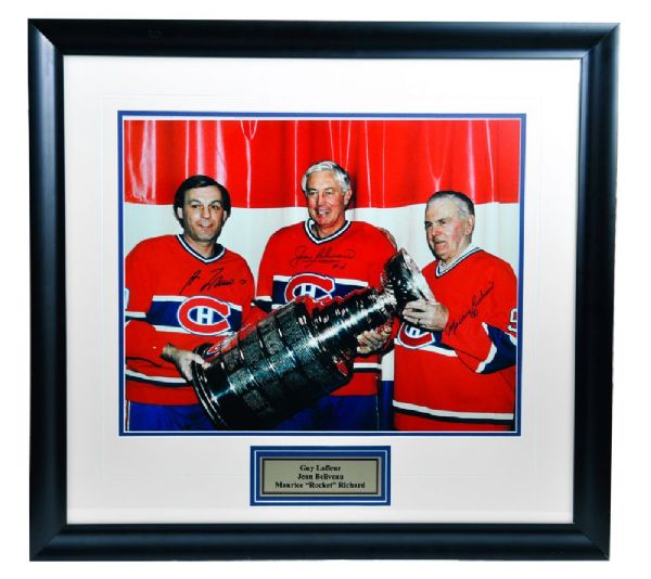 Maurice Richard, Jean Beliveau and Guy Lafleur Signed Montreal Canadiens Framed Photo <br>(26 1/2" x 28 1/2")