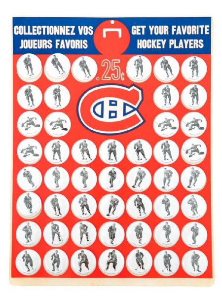 Montreal Canadiens 1970-72 Pinback Button Collection of 49 on Store Display Card
