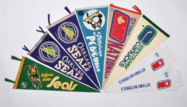 Willabee and Ward 1893-1996 NHL Patch Collection of 50 in Leather Binder and Vintage Hockey Pennants (8)