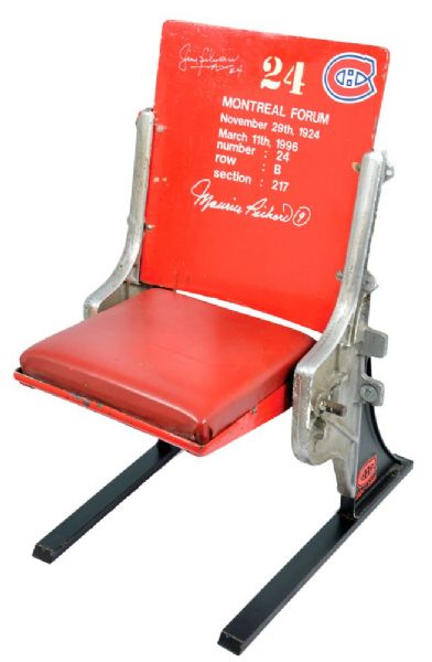 Montreal Forum Red Single Seat Signed by Maurice "Rocket" Richard and Jean Beliveau