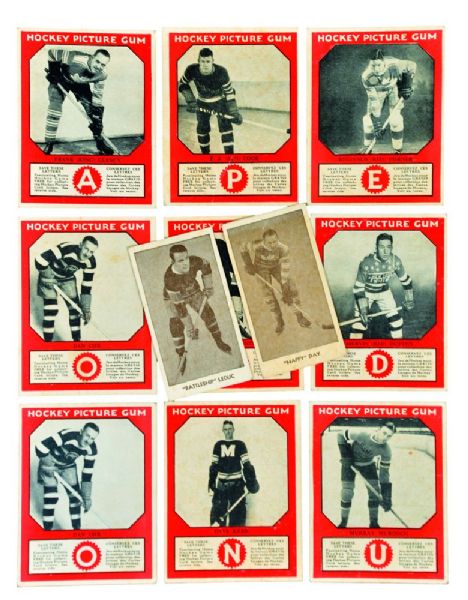 1933-34 Canadian Gum V252 Hockey Card Collection of 10 with Clancy, Horner RC, Dutton RC & Bun Cook RC Plus 1933-34 V129 Hap Day & Leduc