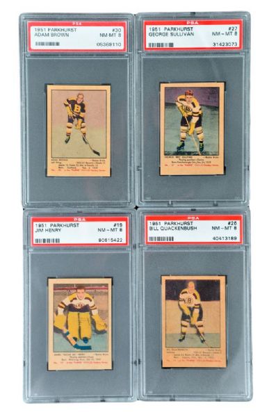 1951-52 Parkhurst Hockey Cards of Henry, Quackenbush, Sullivan and Brown <br>- All Graded PSA 8