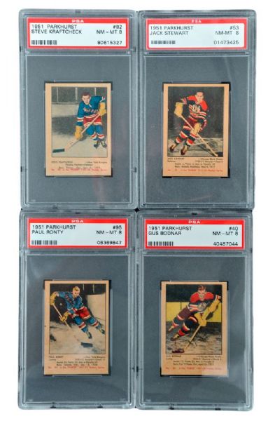1951-52 Parkhurst Hockey Cards of Stewart, Bodnar, Ronty and Kraftcheck <br>- All Graded PSA 8