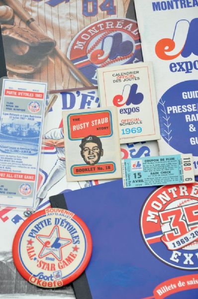 Montreal Expos Memorabilia Collection of 9 with 1969 Media Guide and Schedule Plus 2nd Game at Jarry Park Ticket Stub
