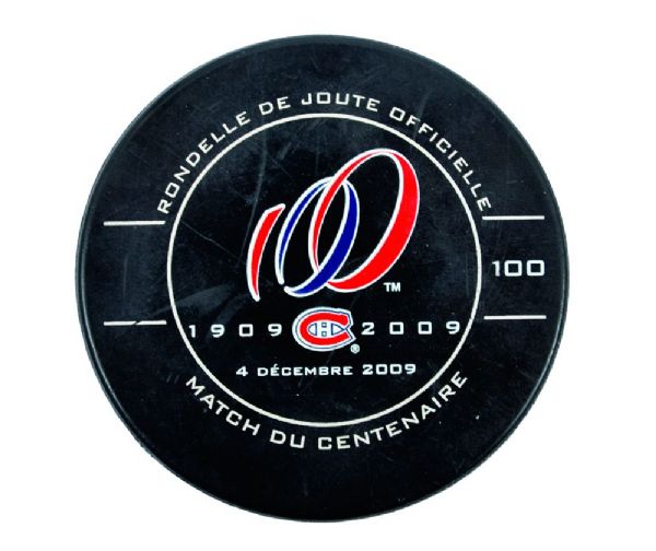 Montreal Canadiens December 4th 2009 "Centennial Game" Game-Used Puck with Referee LOA