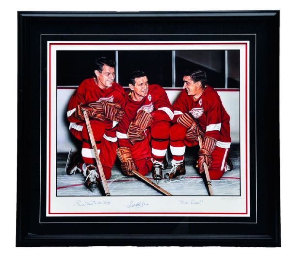 Detroit Red Wings Production Line Limited-Edition Framed Lithograph Autographed by Howe, Abel and Lindsay (35 x 39)