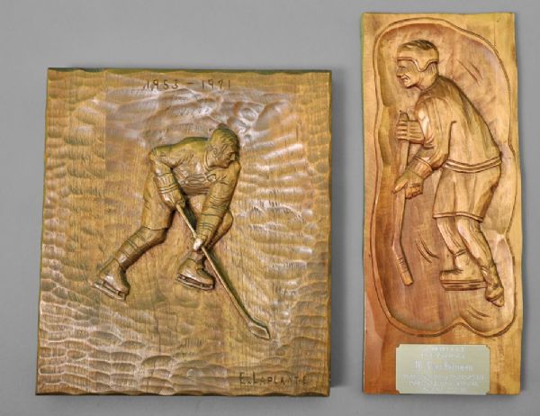 Jean Beliveaus Hockey Wood Carving Plaque Collection of 2 with His Signed LOA