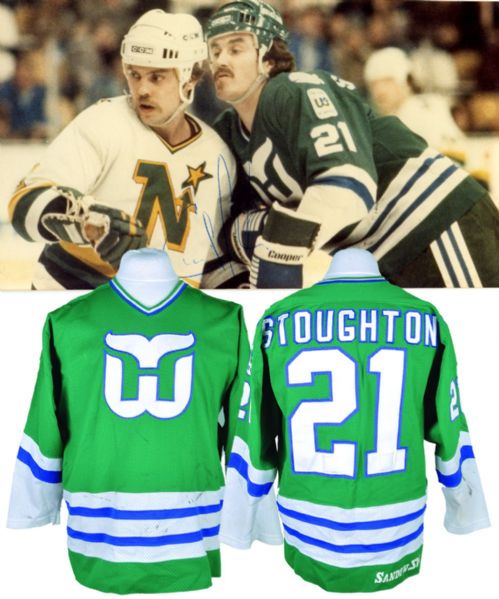 Blaine Stoughtons 1981-82 Hartford Whalers Game-Worn Jersey with Rare 10th Year Patch - Photo-Matched!