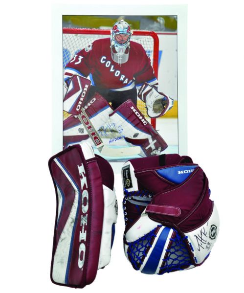 Patrick Roys 2002-03 Colorado Avalanche Signed Game-Used Koho Glove and Blocker with Signed Photo - Photo-Matched!