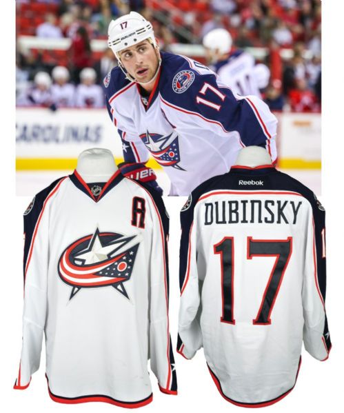 Brandon Dubinskys 2013-14 Columbus Blue Jackets Game-Worn Alternate Captains Playoffs Jersey with Team LOA - Photo-Matched!