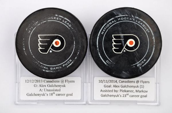 Alex Galchenyuks 2010s Montreal Canadiens 18th and 23rd Career Goals Pucks with COAs