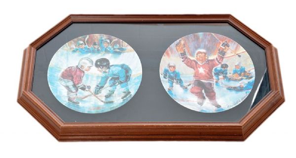 "He Shoots He Scores!" and "The Face-Off" 1989 Stewart Sherwood <br>Framed Limited-Edition Plates 