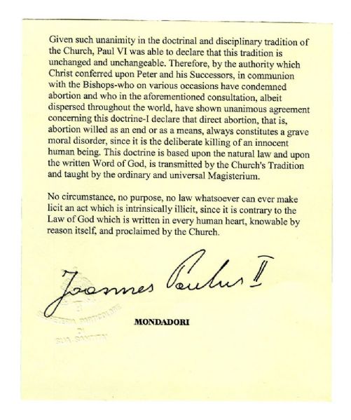 Pope Saint John Paul II Signed Statement on Abortion