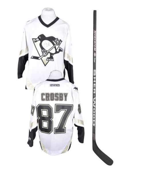 Sidney Crosby Pittsburgh Penguins Rookie-Era Sher-Wood Game-Issued Stick and Signed  Jersey