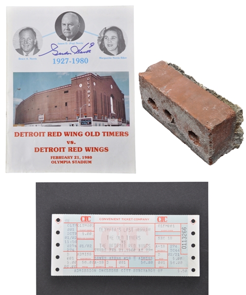 Detroit Red Wings / Detroit Olympia Brick and Gordie Howe Signed Detroit Olympia Last Game Game Program Plus Ticket