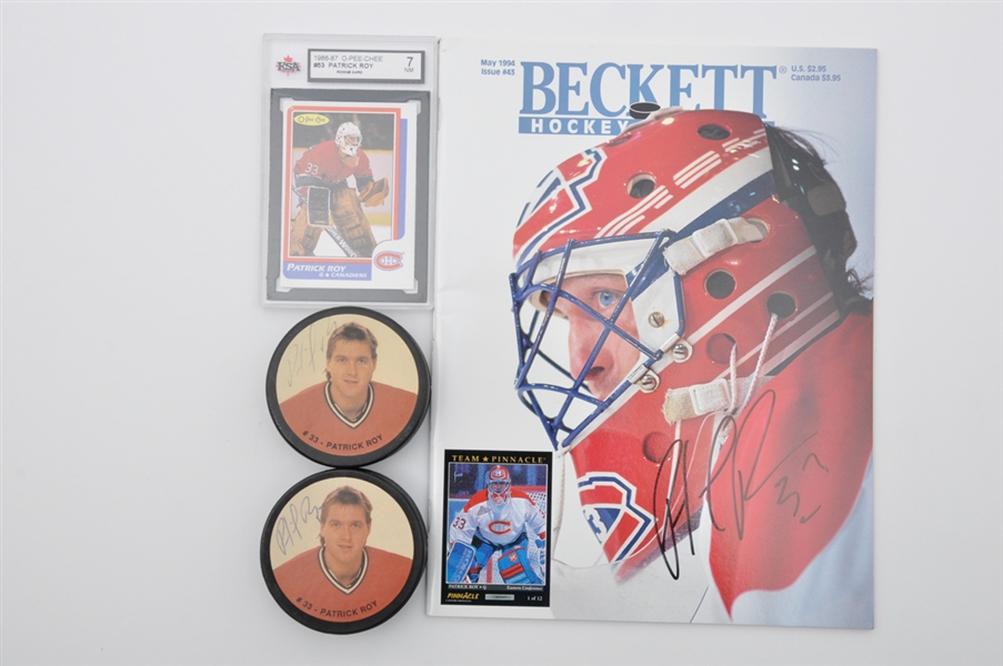 Patrick Roy Montreal Canadiens Signed 1994 Magazine and Pucks (2) Plus 1986-87 O-Pee-Chee RC Card