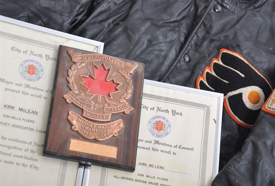 Kirk McLeans 1982-83 M.T.H.L. Don Mills Flyers Leather Team Jacket & Awards (3)