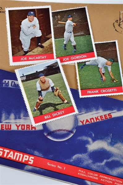 1944 New York Yankees Complete Stamp Set in Album with Envelope Plus 23 Loose Stamps 