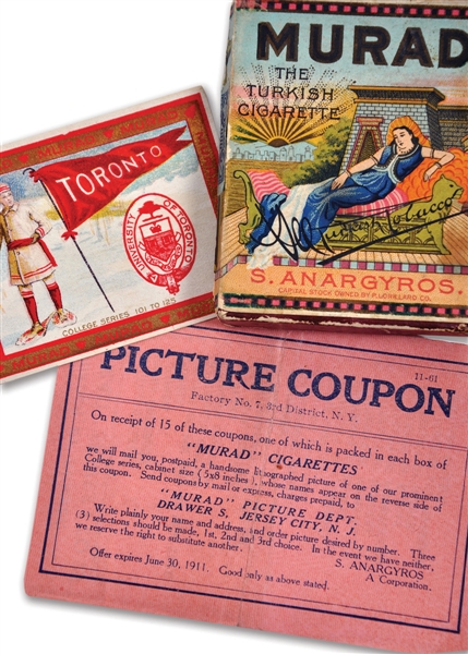 1909-11 Murad Cigarette Box / Wrapper, T6 Picture Coupon and T51 Toronto Card - Box Held the T51 Rochester Hockey Card