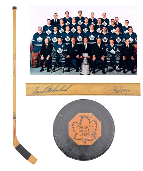 Toronto Maple Leafs 1966-67 Stanley Cup Champions Team-Signed Stick by 15 and 1958-62 "Original Six" Art Ross Game Puck