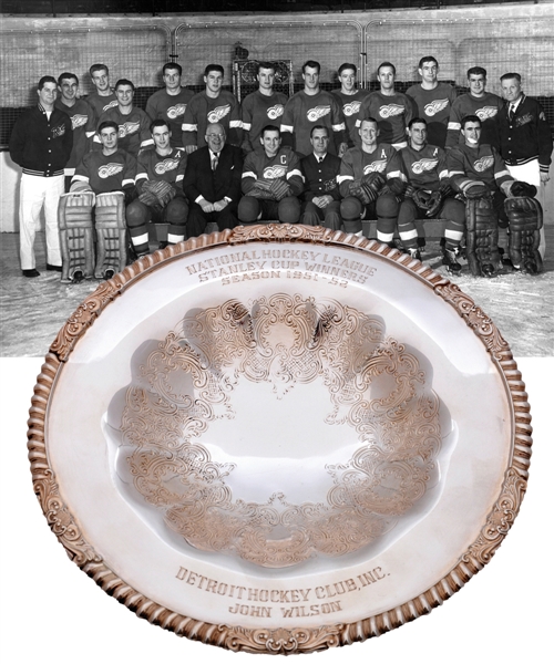 Johnny Wilsons 1951-52 Detroit Red Wings Stanley Cup Championship Serving Dish with LOA from Family