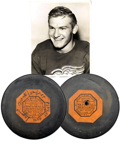 Johnny Wilsons 1951-52 Stanley Cup Playoffs Detroit Red Wings Goal Puck with LOA from Family - His First Playoff Goal!