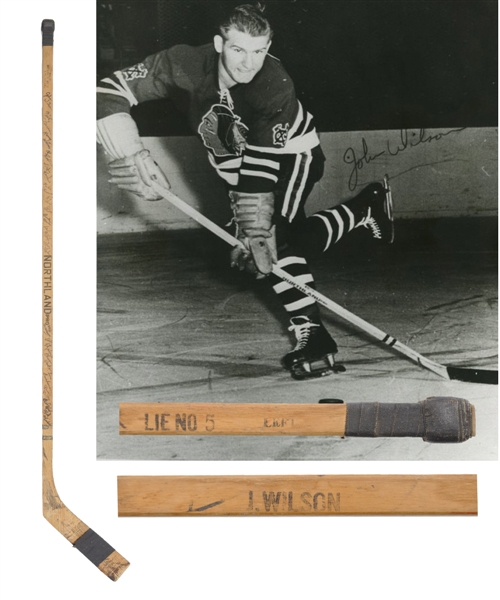 Johnny Wilsons 1956-57 Chicago Black Hawks Team-Signed Game-Used Stick with LOA from Family and JSA LOA