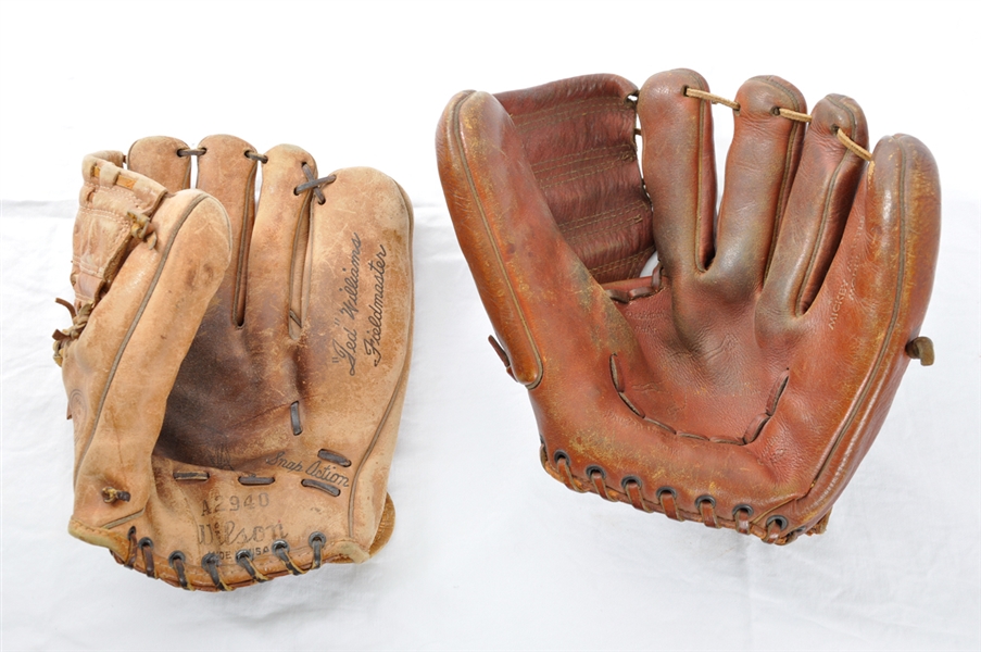 Mickey Mantle and Ted Williams Shadow Box Folk Art Display Collection of 2 Plus Their Model Gloves