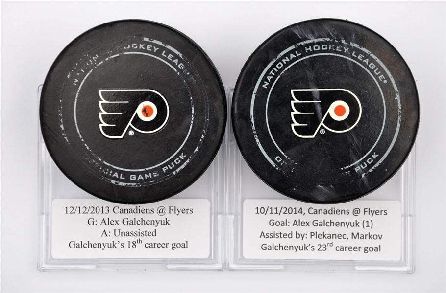 Alex Galchenyuks 2010s Montreal Canadiens 18th and 23rd Career Goals Pucks with COAs