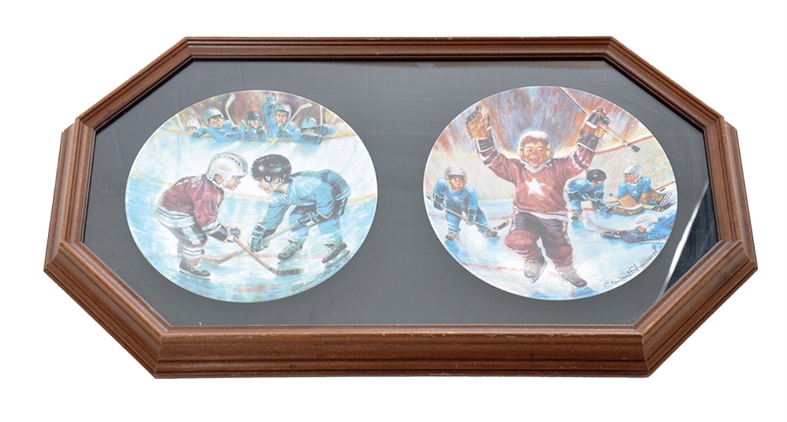 "He Shoots He Scores!" and "The Face-Off" 1989 Stewart Sherwood Framed <br>Limited-Edition Plates 