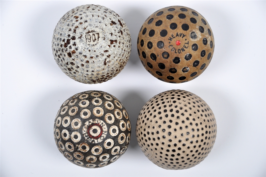 Antique Golf Ball Collection of 4 with Rare Circa 1910s "Heavy Colonel" Red Dot Golf Ball