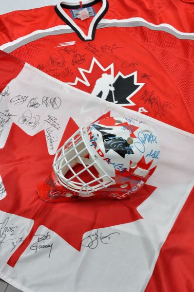 Team Canada 1998 Winter Olympics Team-Signed Jersey, Flag and Stick Plus 2002 Team-Signed Mask