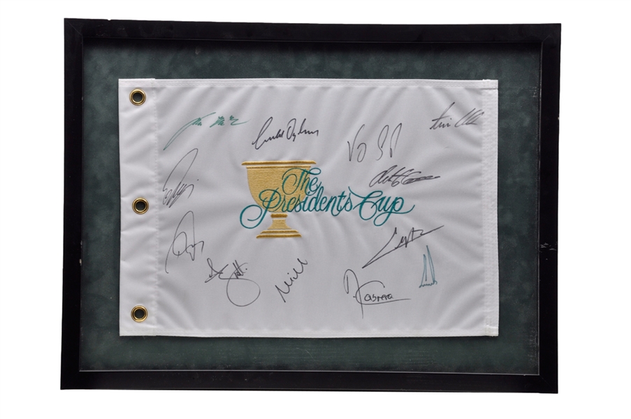 Presidents Cup Multi-Signed Framed Pin Flag Including Cabrera and Singh with JSA LOA (19" x 25")