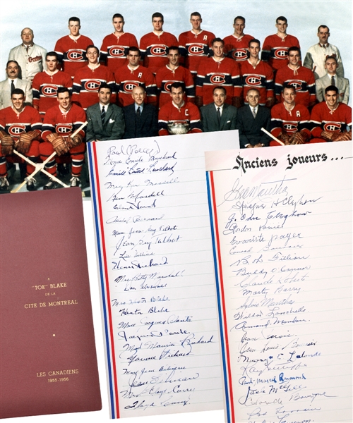 Hector "Toe" Blakes 1955-56 Stanley Cup Champions Montreal Canadiens City of Montreal Presentation Book Signed by 194 Inc. 1955-56 Montreal Canadiens, Past Players and More with 18 Deceased HOFers! 