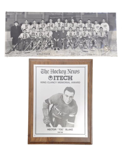Hector "Toe" Blakes 1948-49 Valleyfield Braves Team Photo, 1987-88 Hockey News King Clancy Memorial Award Plaque and 1976 NHL Annual Meeting Pass