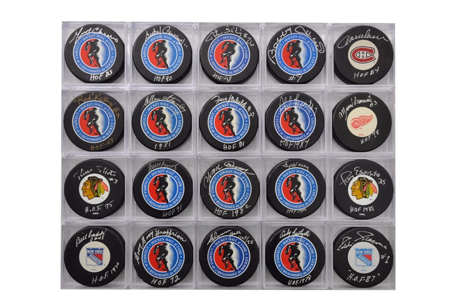 Hockey HOFers Signed Puck Collection of 20 with Geoffrion, Worsley and Other Greats