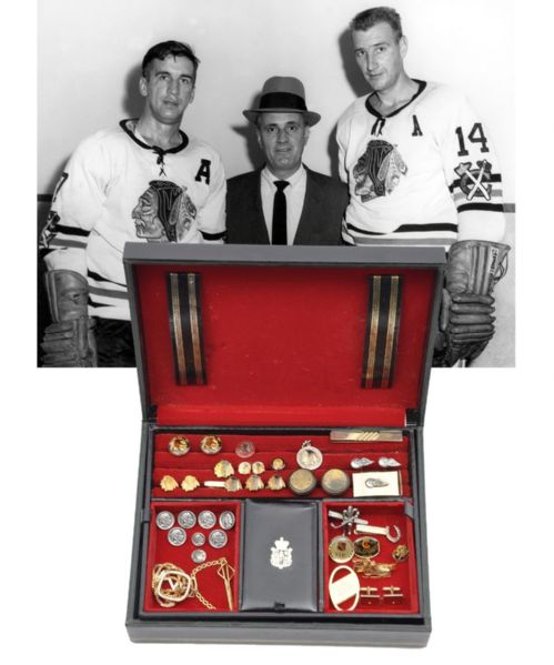 Tommy Ivans Personal Jewelry Box with 1974 Hockey Hall of Fame 10K Gold Cufflink and Numerous Black Hawks Pieces