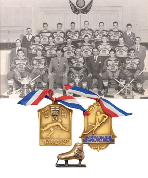 Danny Lewickis 1949-50 Toronto Marlboros OHA Senior "A" Champions Medal, CAHA Allan Cup Champions Medal and CCM Allan Cup Skate Charm