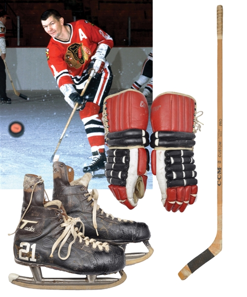 Stan Mikitas 1960s and 1970s Chicago Black Hawks Game-Used Cooper Gloves, CCM Skates and Banana Hook CCM Stick