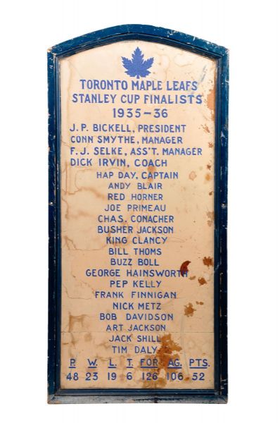 Toronto Maple Leafs 1935-36 Hand Painted Dressing Room Wood Sign from Maple Leaf Gardens (20" x 41 1/2")