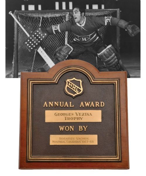 Rogatien Vachons 1967-68 Georges Vezina Trophy Plaque from His Collection