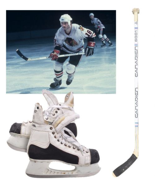 Denis Savards 1980s Chicago Black Hawks Daoust Game-Used Skates and Canadien Game-Used Stick 