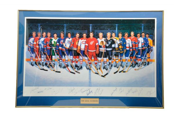 500-Goal Scorers Lithograph Autographed by 16 with Richard, Beliveau and Howe <br>(27" x 40")