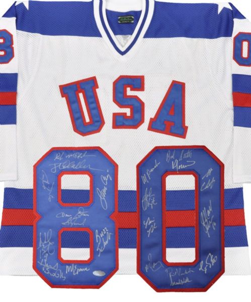 1980 Team USA "Miracle on Ice" Team-Signed Jersey with Steiner COA Plus Two Frames